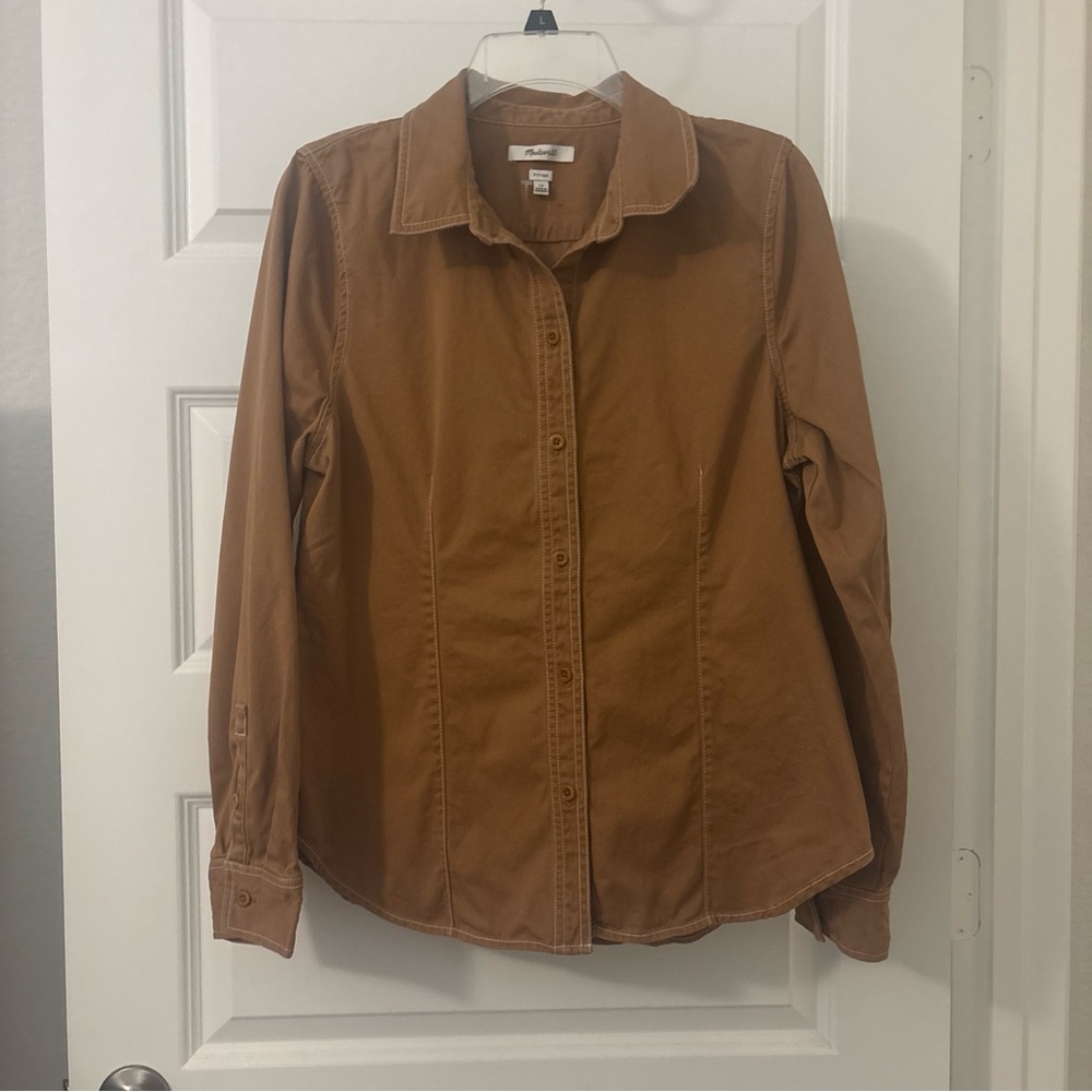 Madewell Darted Button-Up Shirt Chino Fallen Timber Tan SZ 12 100% Cotton Fitted